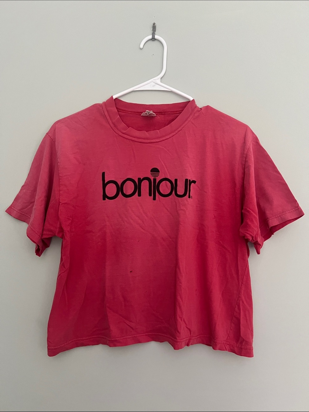 Vintage Distressed bonjour Oversized Graphic Crop Tee - Hot Pink Size Small